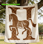 Hermès H Logo & Equestrian Horse Flannel Fleece Throw Blanket IMG_5011